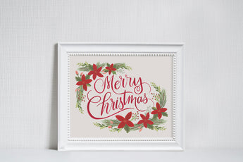Merry Christmas Floral - Christmas Art Print